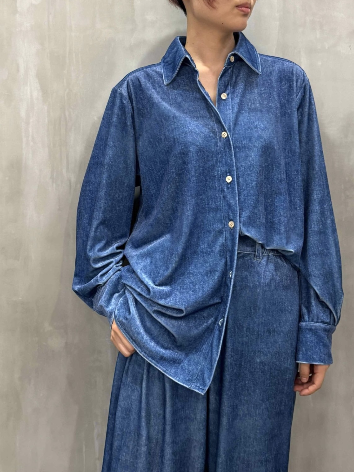 Sov. ベロアデニムプリントシャツ